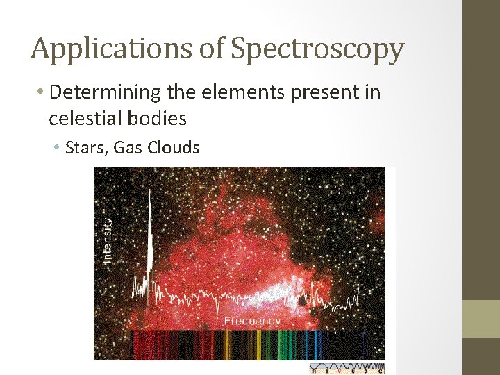 Applications of Spectroscopy • Determining the elements present in celestial bodies • Stars, Gas