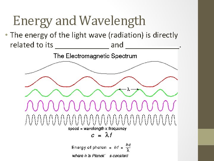 Energy and Wavelength • The energy of the light wave (radiation) is directly related
