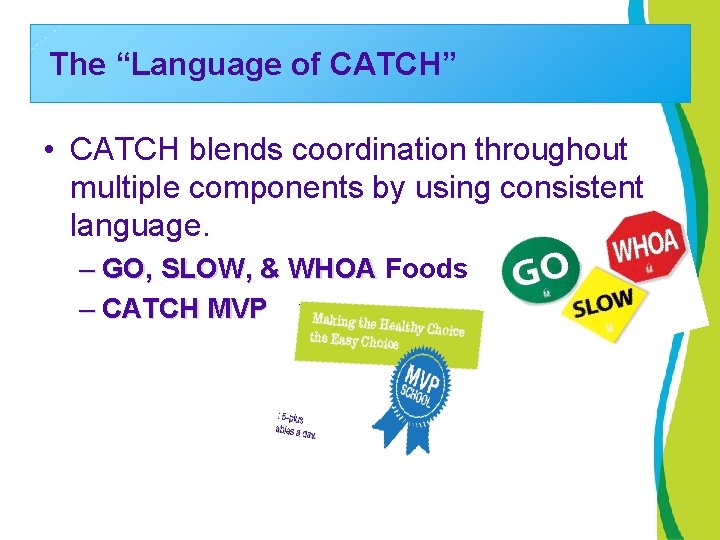 The “Language of CATCH” • CATCH blends coordination throughout multiple components by using consistent