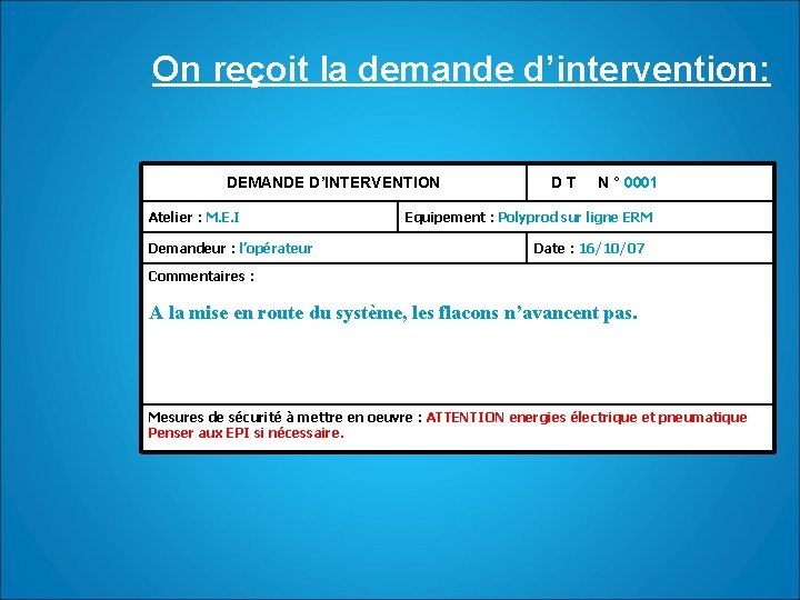 On reçoit la demande d’intervention: DEMANDE D’INTERVENTION Atelier : M. E. I Demandeur :