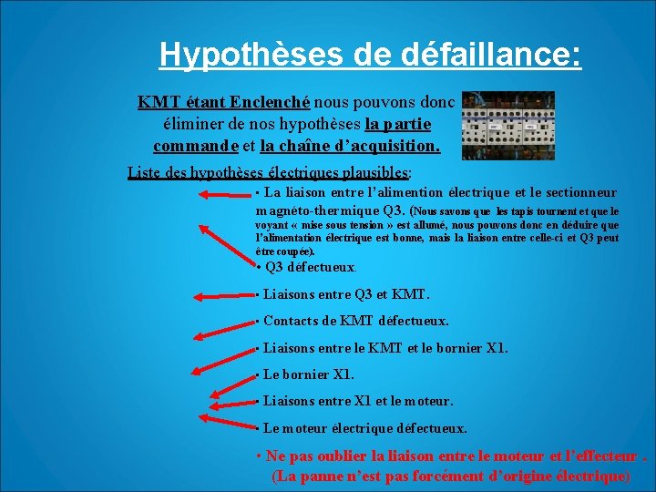 Hypothèses de défaillance: KMT étant Enclenché nous pouvons donc éliminer de nos hypothèses la