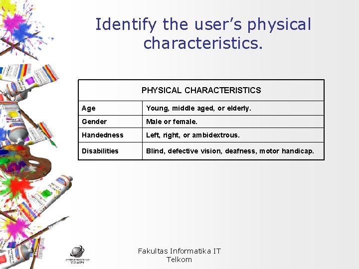 Identify the user’s physical characteristics. PHYSICAL CHARACTERISTICS Age Young, middle aged, or elderly. Gender