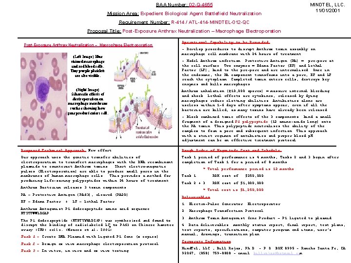 BAA Number: 02 -Q-4655 Mission Area: Expedient Biological Agent Battlefield Neutralization MINDTEL, LLC. 11/01/2001