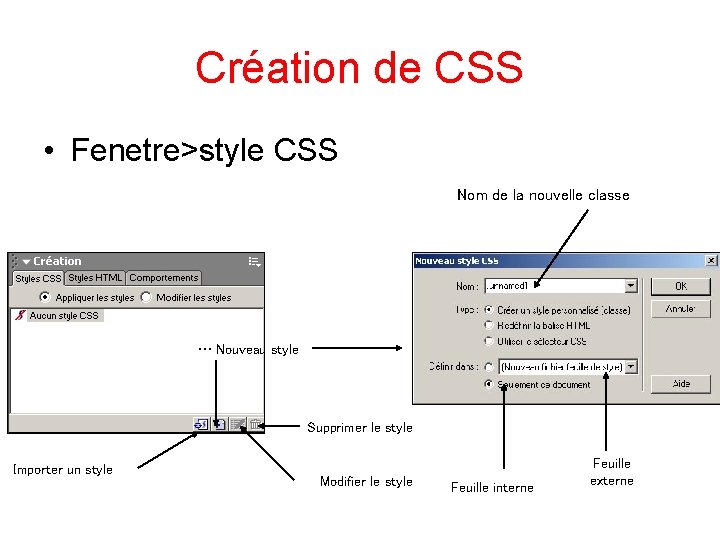 Création de CSS • Fenetre>style CSS Nom de la nouvelle classe … Nouveau style