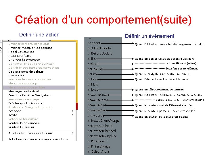 Création d’un comportement(suite) Définir une action Définir un événement Quand l’utilisateur arrête le téléchargement