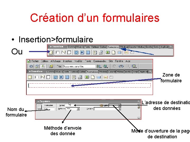 Création d’un formulaires • Insertion>formulaire Ou Zone de formulaire L’adresse de destinatio des données