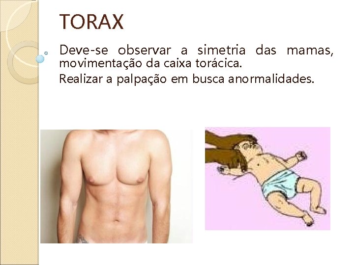 TORAX Deve-se observar a simetria das mamas, movimentação da caixa torácica. Realizar a palpação