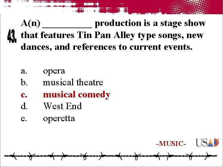 A(n) _____ production is a stage show that features Tin Pan Alley type songs,