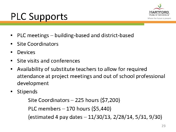 PLC Supports PLC meetings – building-based and district-based Site Coordinators Devices Site visits and
