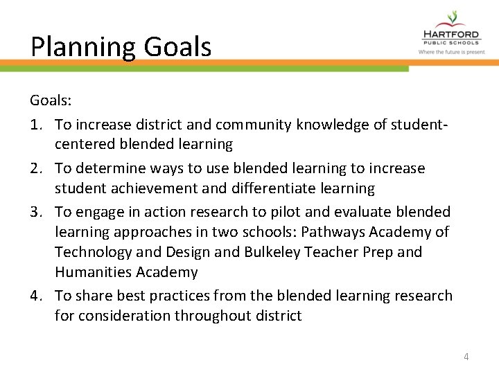 Planning Goals: 1. To increase district and community knowledge of studentcentered blended learning 2.