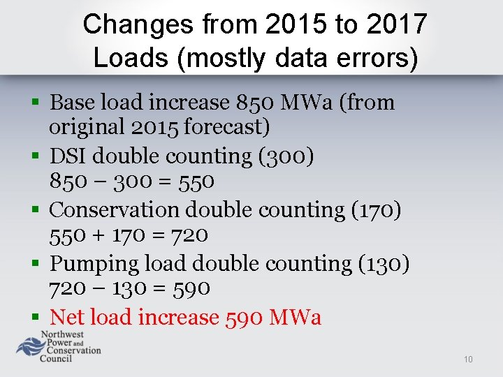 Changes from 2015 to 2017 Loads (mostly data errors) § Base load increase 850