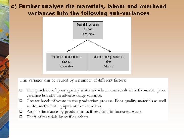 c) Further analyse the materials, labour and overhead variances into the following sub-variances 