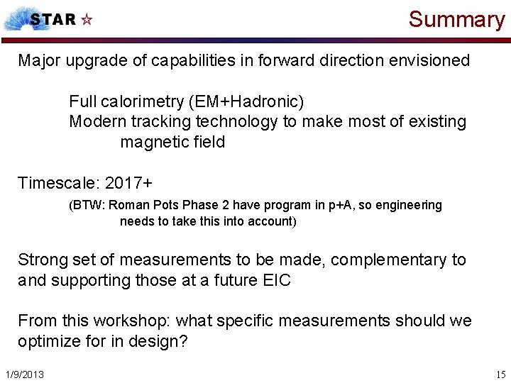 Summary Major upgrade of capabilities in forward direction envisioned Full calorimetry (EM+Hadronic) Modern tracking