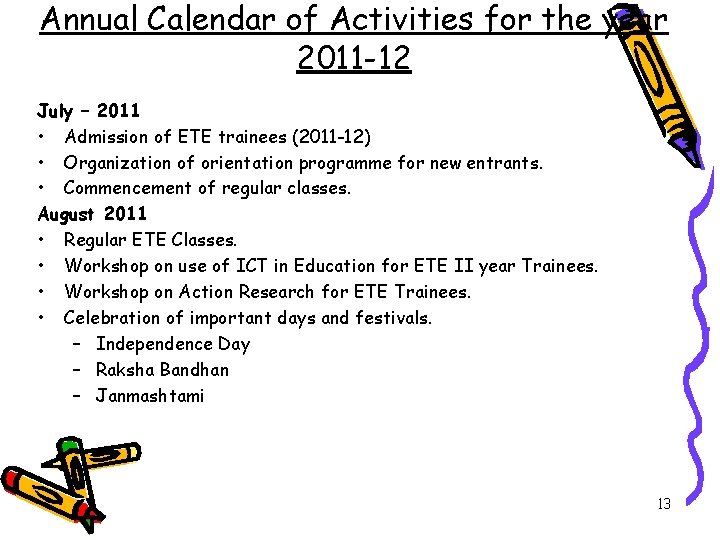 Annual Calendar of Activities for the year 2011 -12 July – 2011 • Admission