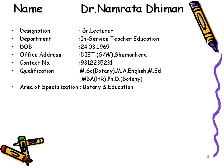 Name • • Dr. Namrata Dhiman Designation Department DOB Office Address Contact No. Qualification