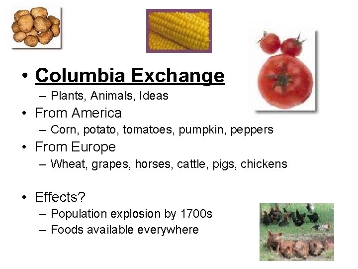  • Columbia Exchange – Plants, Animals, Ideas • From America – Corn, potato,