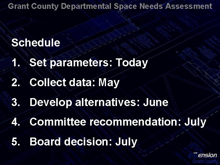 Grant County Departmental Space Needs Assessment Schedule 1. Set parameters: Today 2. Collect data: