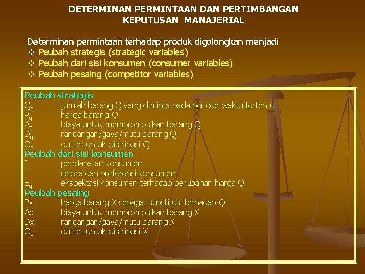 DETERMINAN PERMINTAAN DAN PERTIMBANGAN KEPUTUSAN MANAJERIAL Determinan permintaan terhadap produk digolongkan menjadi v Peubah