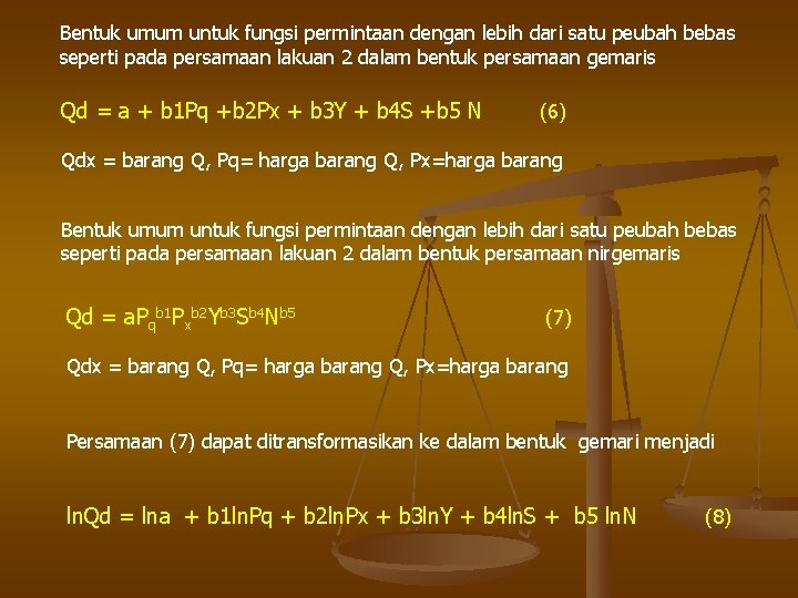 Bentuk umum untuk fungsi permintaan dengan lebih dari satu peubah bebas seperti pada persamaan