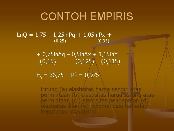 CONTOH EMPIRIS Ln. Q = 1, 75 – 1, 25 ln. Pq + 1,
