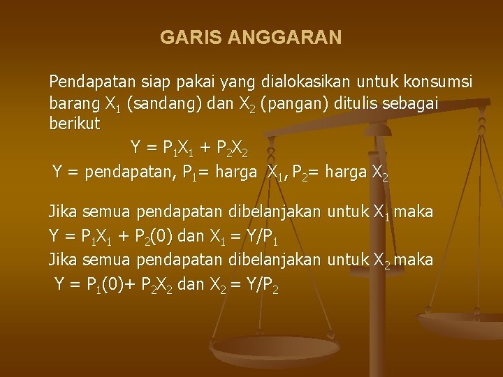 GARIS ANGGARAN Pendapatan siap pakai yang dialokasikan untuk konsumsi barang X 1 (sandang) dan