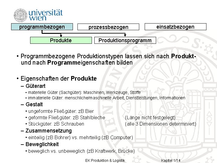 programmbezogen prozessbezogen Produkte einsatzbezogen Produktionsprogramm • Programmbezogene Produktionstypen lassen sich nach Produktund nach Programmeigenschaften