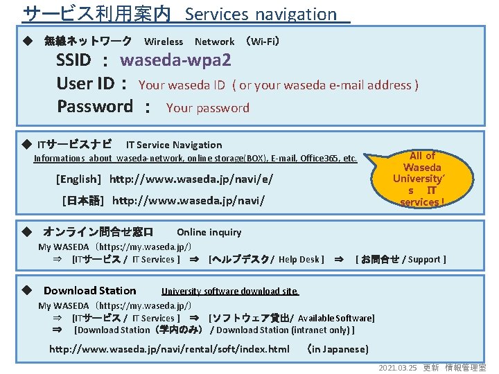 サービス利用案内 Services navigation ◆ 無線ネットワーク Wireless Network （Wi-Fi） SSID ： waseda-wpa 2 User ID：