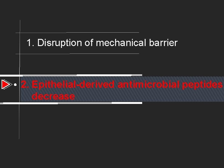 1. Disruption of mechanical barrier 2. Epithelial-derived antimicrobial peptides decrease 