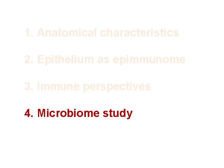 1. Anatomical characteristics 2. Epithelium as epimmunome 3. Immune perspectives 4. Microbiome study 