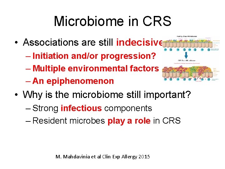 Microbiome in CRS • Associations are still indecisive: – Initiation and/or progression? – Multiple