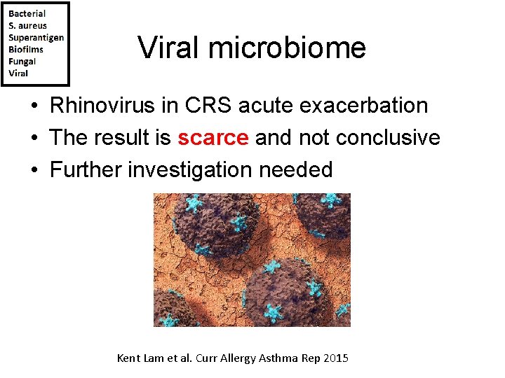 Viral microbiome • Rhinovirus in CRS acute exacerbation • The result is scarce and