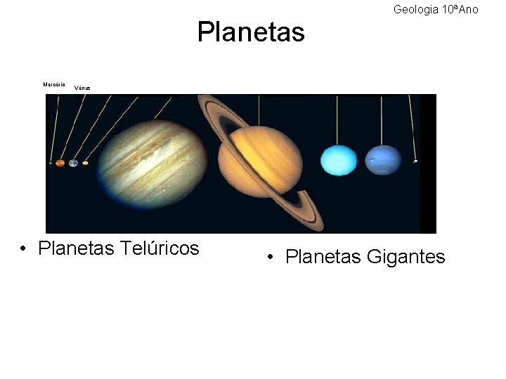 Geologia 10ªAno Planetas Mercúrio Vénus • Planetas Telúricos • Planetas Gigantes 