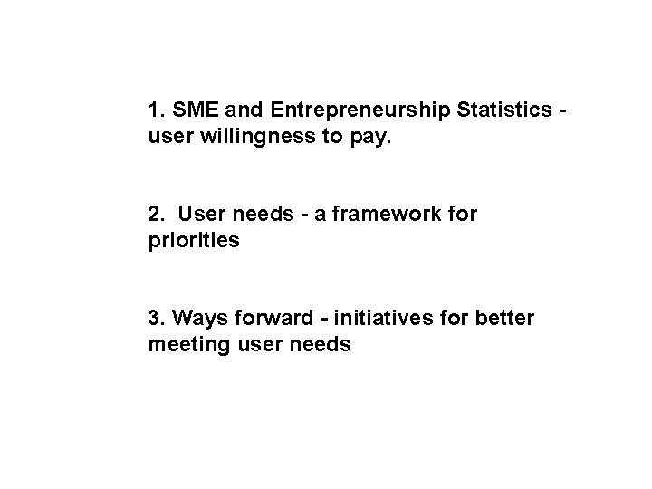 1. SME and Entrepreneurship Statistics user willingness to pay. 2. User needs - a