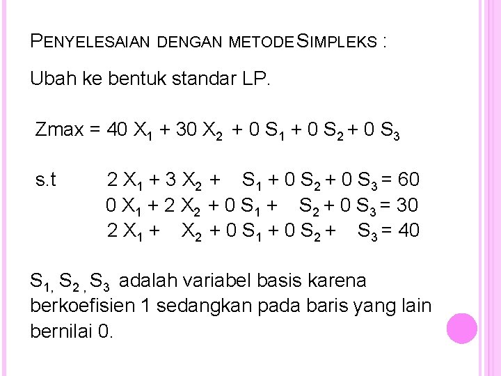 PENYELESAIAN DENGAN METODE SIMPLEKS : Ubah ke bentuk standar LP. Zmax = 40 X