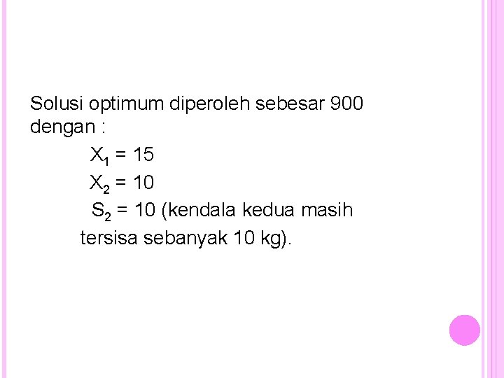 Solusi optimum diperoleh sebesar 900 dengan : X 1 = 15 X 2 =