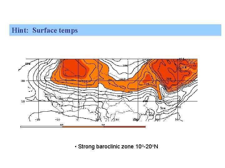 Hint: Surface temps • Strong baroclinic zone 10 o-20 o. N 