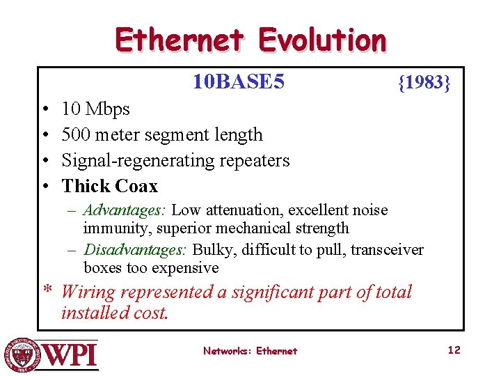 Ethernet Evolution 10 BASE 5 • • {1983} 10 Mbps 500 meter segment length