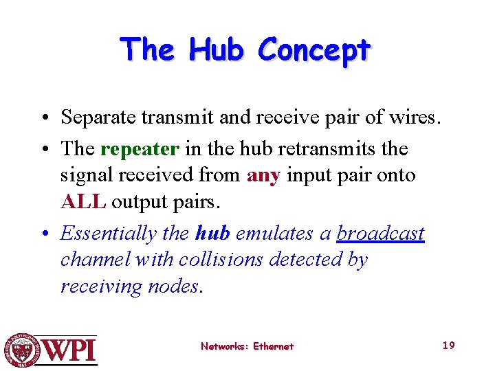 The Hub Concept • Separate transmit and receive pair of wires. • The repeater