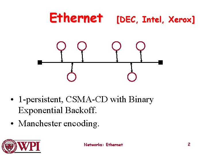 Ethernet [DEC, Intel, Xerox] • 1 -persistent, CSMA-CD with Binary Exponential Backoff. • Manchester