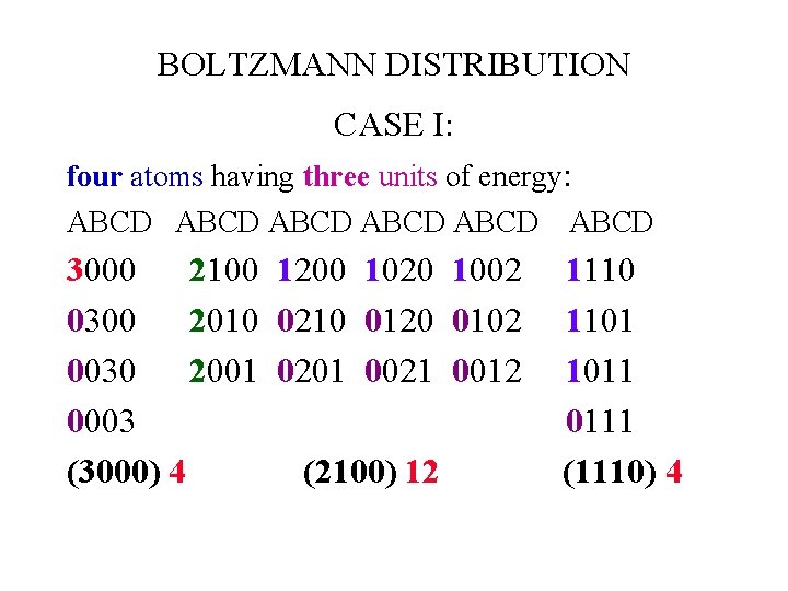 BOLTZMANN DISTRIBUTION CASE I: four atoms having three units of energy: ABCD ABCD 3000