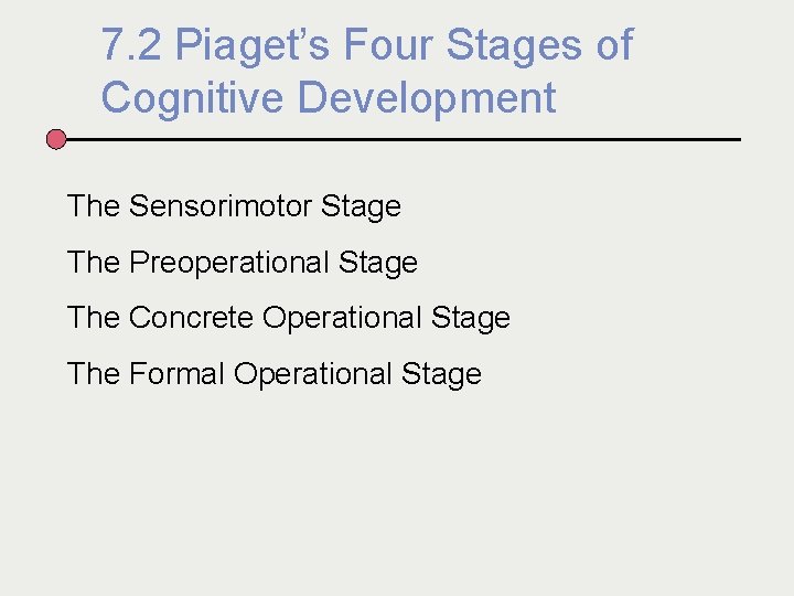 7. 2 Piaget’s Four Stages of Cognitive Development The Sensorimotor Stage The Preoperational Stage
