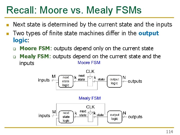 Recall: Moore vs. Mealy FSMs n n Next state is determined by the current Recall: Moore vs. Mealy FSMs n n Next state is determined by the current