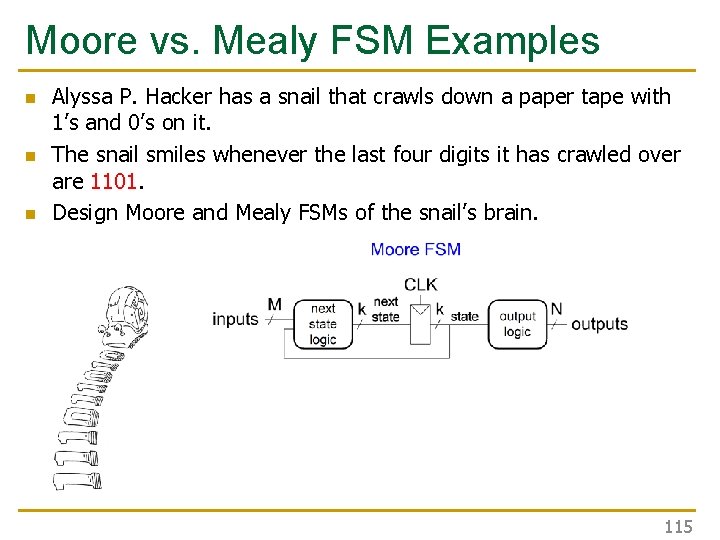 Moore vs. Mealy FSM Examples n n n Alyssa P. Hacker has a snail Moore vs. Mealy FSM Examples n n n Alyssa P. Hacker has a snail