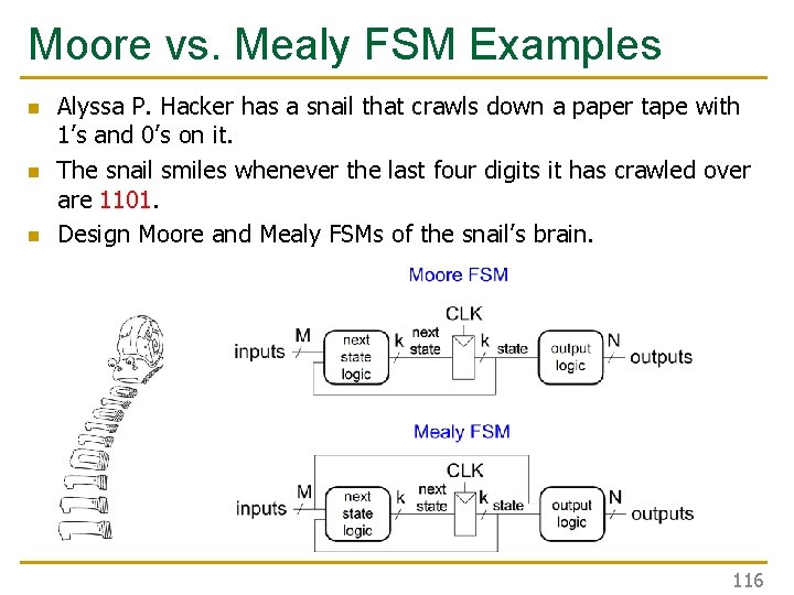 Moore vs. Mealy FSM Examples n n n Alyssa P. Hacker has a snail Moore vs. Mealy FSM Examples n n n Alyssa P. Hacker has a snail