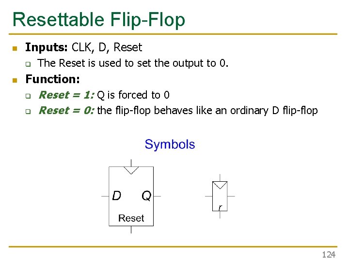 Resettable Flip-Flop n Inputs: CLK, D, Reset q n The Reset is used to Resettable Flip-Flop n Inputs: CLK, D, Reset q n The Reset is used to