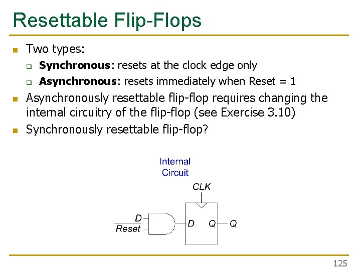 Resettable Flip-Flops n Two types: q q n n Synchronous: resets at the clock Resettable Flip-Flops n Two types: q q n n Synchronous: resets at the clock