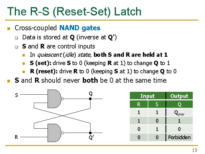 The R-S (Reset-Set) Latch n Cross-coupled NAND gates q q Data is stored at The R-S (Reset-Set) Latch n Cross-coupled NAND gates q q Data is stored at