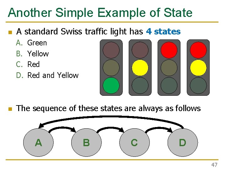 Another Simple Example of State n A standard Swiss traffic light has 4 states Another Simple Example of State n A standard Swiss traffic light has 4 states