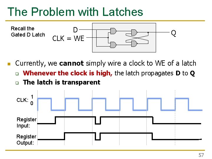 The Problem with Latches Recall the Gated D Latch n D CLK = WE The Problem with Latches Recall the Gated D Latch n D CLK = WE