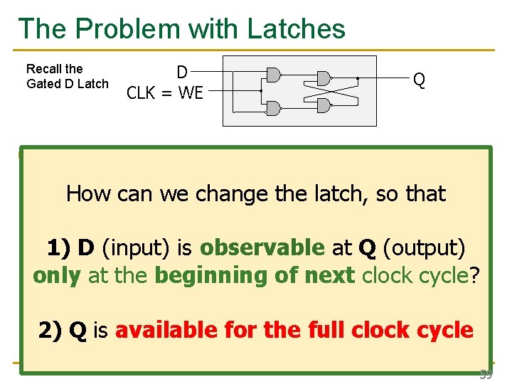 The Problem with Latches Recall the Gated D Latch n D CLK = WE The Problem with Latches Recall the Gated D Latch n D CLK = WE